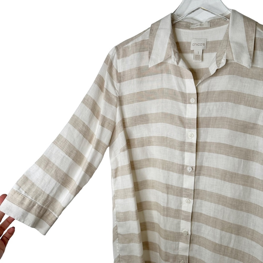 Chicos Linen No Iron Tan White Button Down Preppy Coastal Top Size 1 Medium/10 - Picture 4 of 7